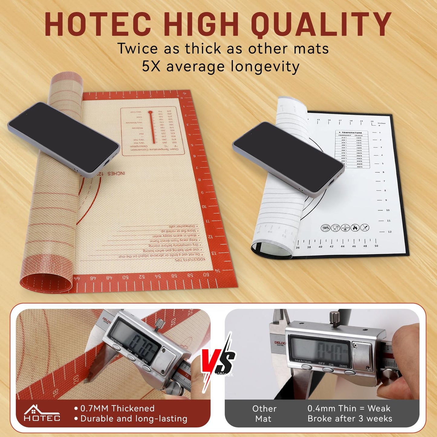HOTEC Silicone Baking Mat - 26x16 Thickened Pastry Dough Mat with Measurement Non-Stick For Dough Rolling, Bread, Oven Liner, Kitchen Counter, Fondant/Pie Crust