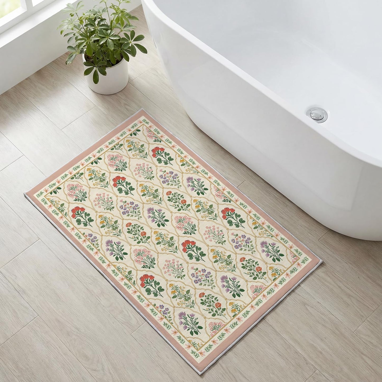 Artoid Mode Beige Diamond Check Flower Spring Door Mat, Summer Home Decor Low-Profile Non-Slip Washable Throw Rug for Kitchen Entryway Front Door Bedroom Bathroom 2x3 Feet