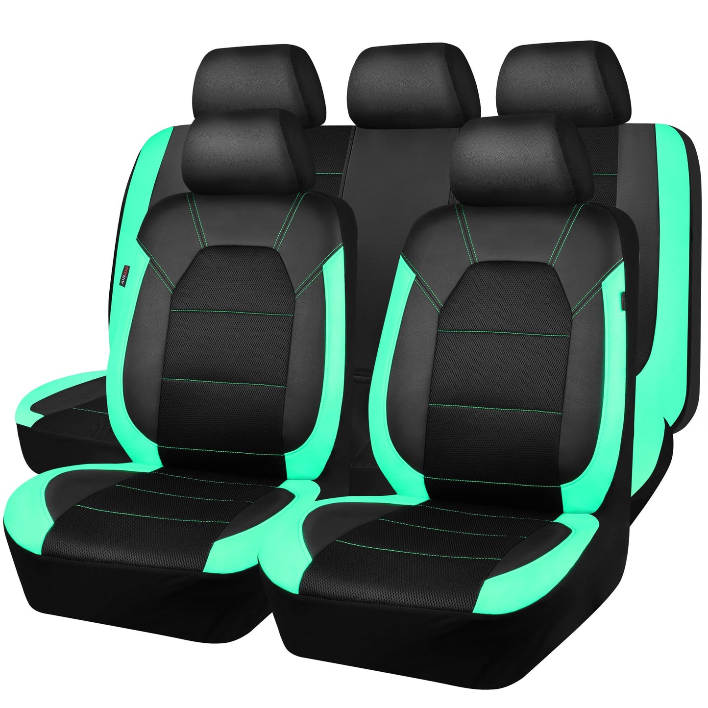 CAR PASS Leather Seat Covers, Breathable Universal Car Seat Cover Full Set for Cute Women Girly,Super 5mm Composite Sponge Inside,Airbag Compatible Fits Most Auto,SUVs,Trucks,Vans(Full Set,Black&Mint)