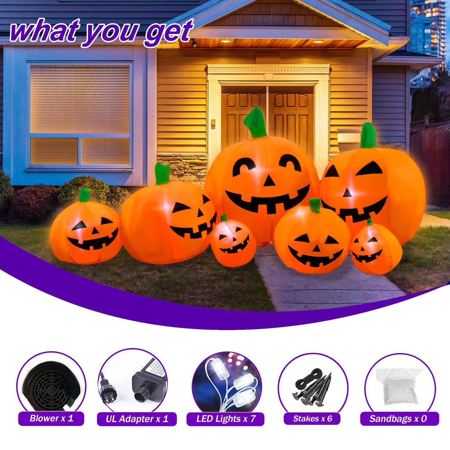 SEASONBLOW 7 Ft Halloween Inflatable Pumpkin Patch Family Decoration Jack-o-Lantern Decor for Lawn Yard Home Party Indoors Outdoors