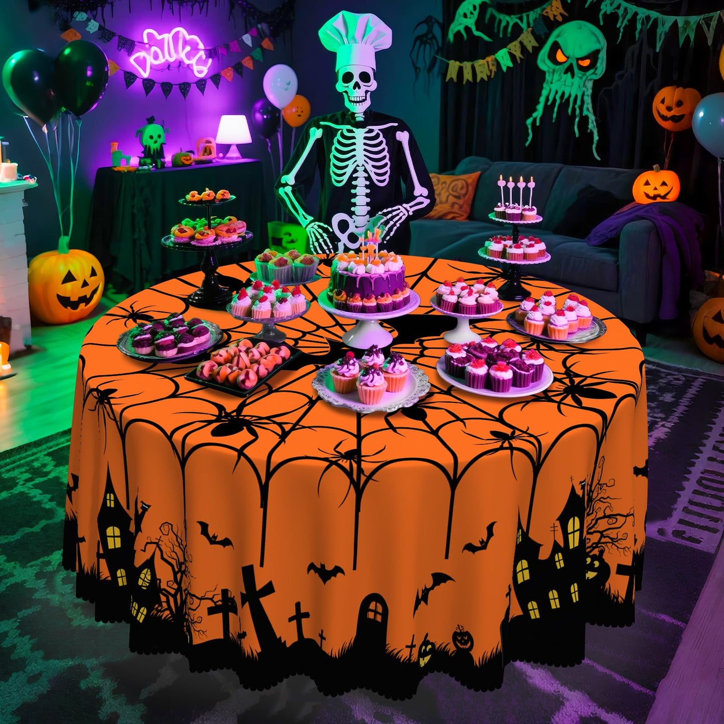 Eikione Round Halloween 60In Tablecloth, Haunted House Decorative Table Cloth, Waterproof and Washable Fabric Table Cover for Party Kitchen Dining Room