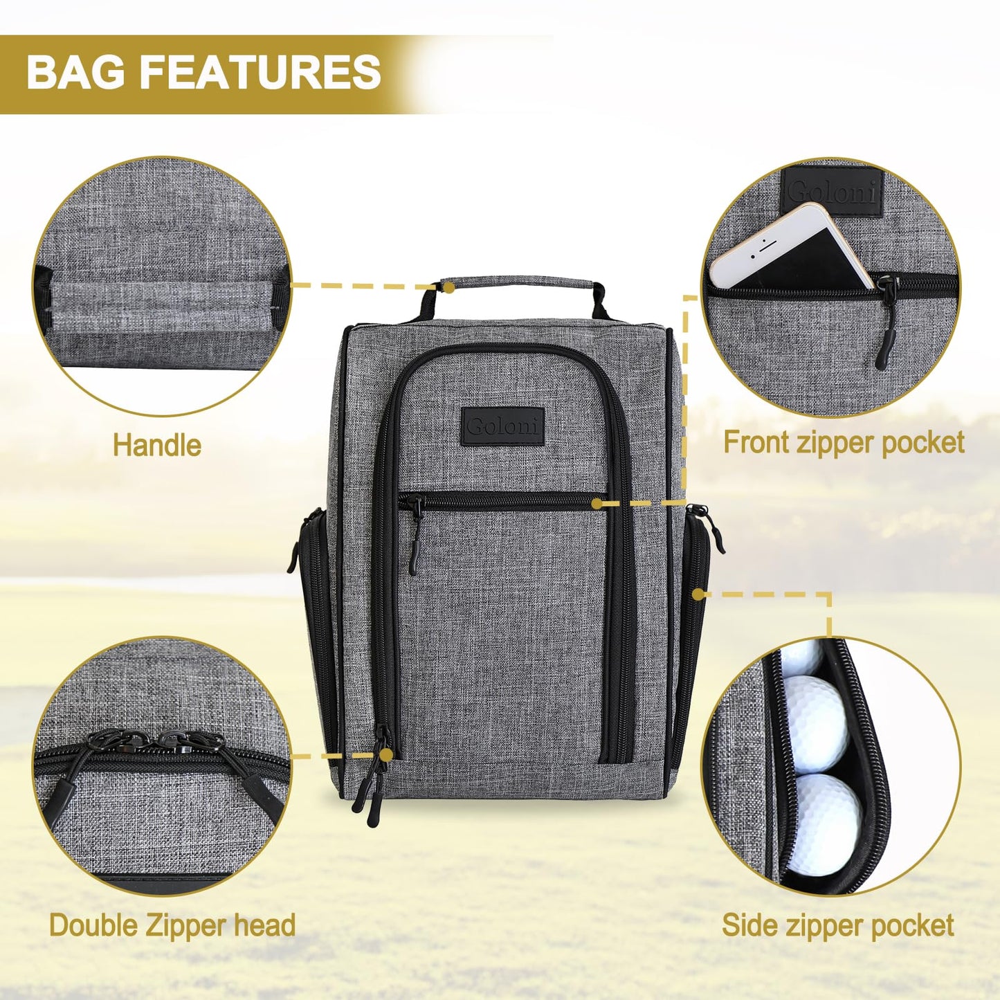 Goloni Golf Shoe Bag for Men & Women, Padded Travel Shoe Bag with Side Accessory Pockets,Sport Shoe Carrier for Golf Shoes,Socks,Tees & Balls,Durable & Lightweight Design (Gray)