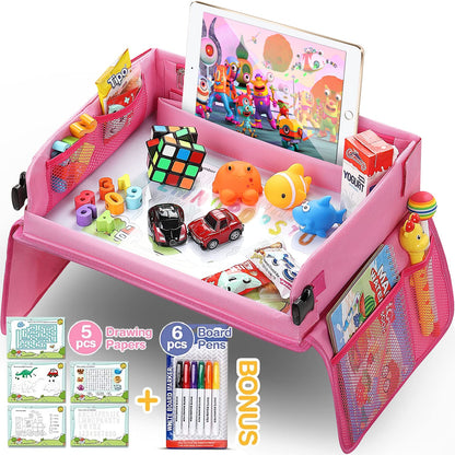 lenbest Travel Tray, Indoor & Outdoor Learning Educational Toys Play Tray Lap Desk with Dry Erase Top - 6 Pens & 5 Drawing Papers - Multifunctional Activity Tray for Kids Toddlers Boys Girls (Pink)