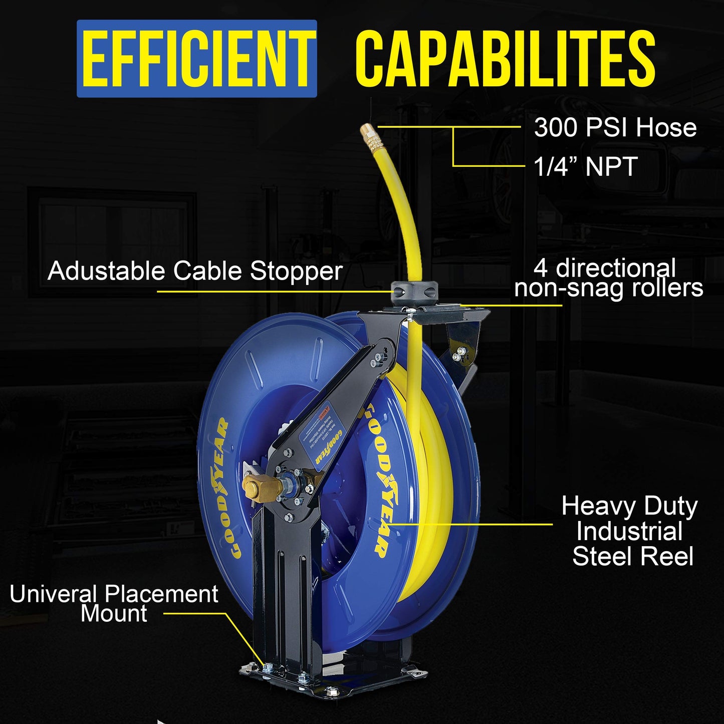 GOODYEAR Air Hose Reel Retractable 3/8" Inch x 50' Feet Long Premium Commercial SBR Hose Max 300 Psi Reinforced Steel Construction Heavy Duty Spring Driven Industrial Dual Arm & Pedestal