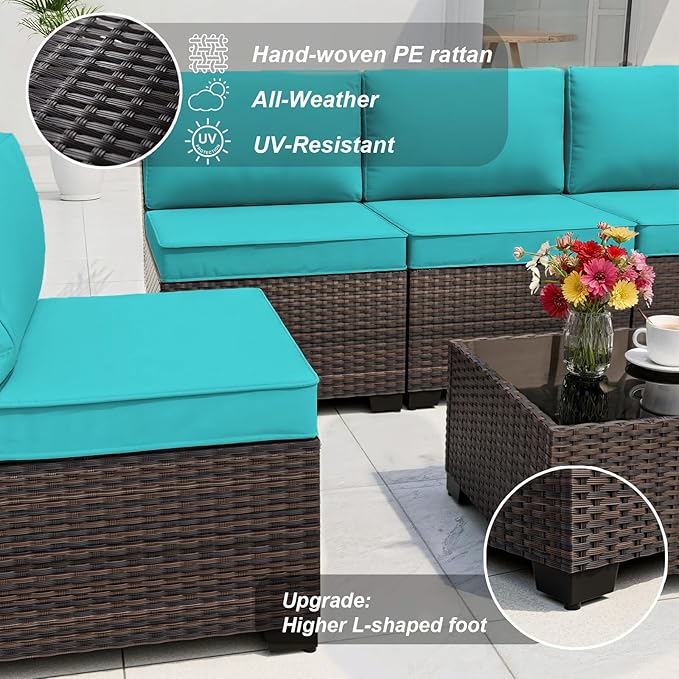 ALAULM 11 Pieces Patio Furniture Set with 2 Swivel Chairs Patio Furniture Outdoor Sectional Sofas with 55000 Gas Fire Pit Patio Conversation Set w/8 Cushions-Blue
