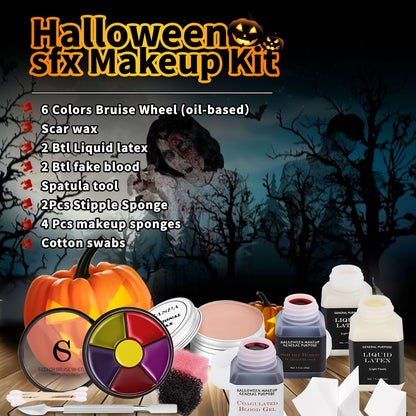 CHASPA Halloween Liquid Latex Special Effects SFX Makeup Kit - Scar Wax + 2 Btl Liquid Latex + 2 Btl Fake Blood + Spatula Tool + 2Pcs Stipple Sponge + 4Pcs Makeup Sponges + Cotton Swabs