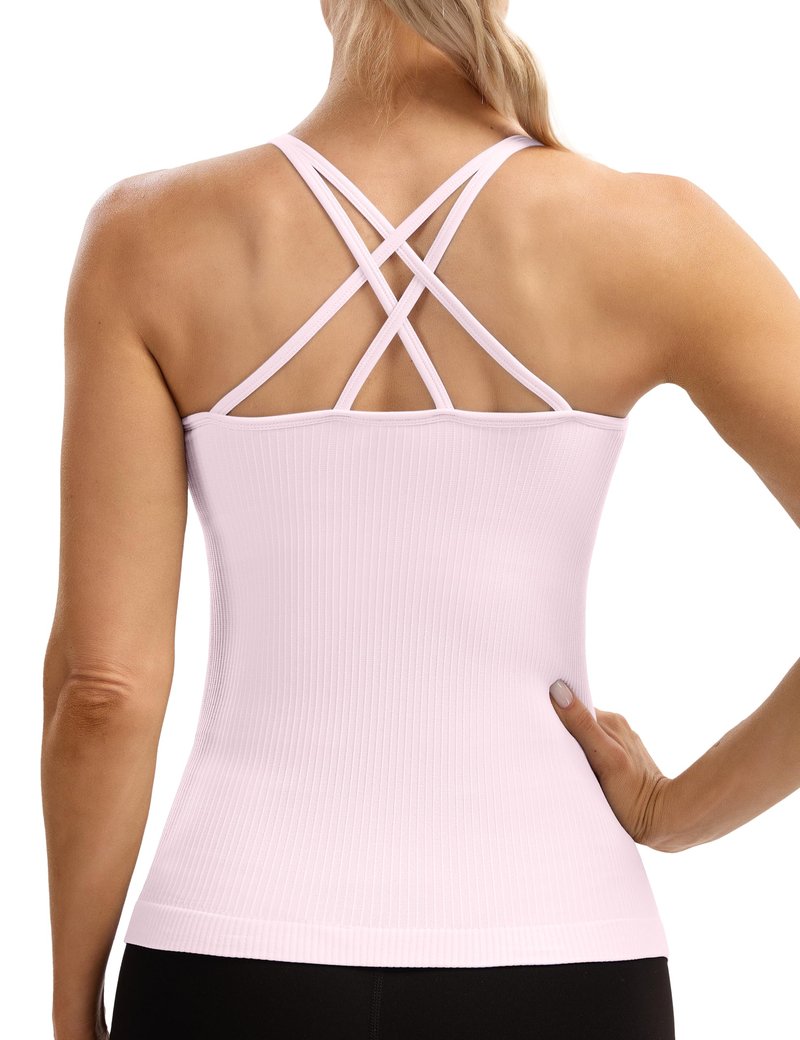 MathCat Seamless Workout Tank Tops for Women with Built in Bra, Spaghetti Strap Ribbed Athletic Strappy Back Yoga Shirts Light Pink