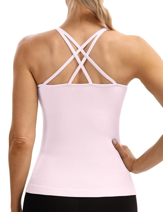 MathCat Seamless Workout Tank Tops for Women with Built in Bra, Spaghetti Strap Ribbed Athletic Strappy Back Yoga Shirts Light Pink