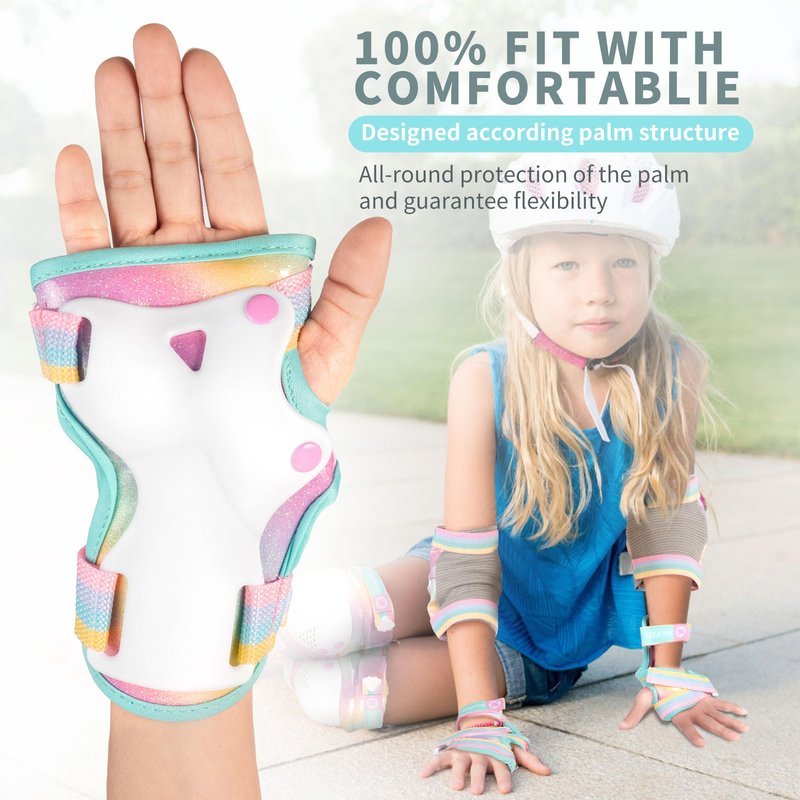 SULIFEEL Rainbow Unicorn Knee Pads for Kids Knee Elbow Pads Wrist Guards with Drawstring Bag Adjustable Protective Gear Set for Girls Roller Skating Bike Cycling Skateboard Scooter Dazzling Small