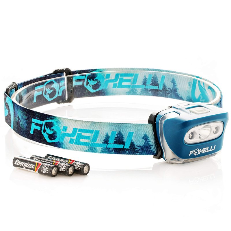 Foxelli LED Headlamp Flashlight for Adults & Kids, Running, Camping, Hiking Head Lamp with White & Red Light, Comfortable Headband, Lightweight & Waterproof, 3 AAA Batteries