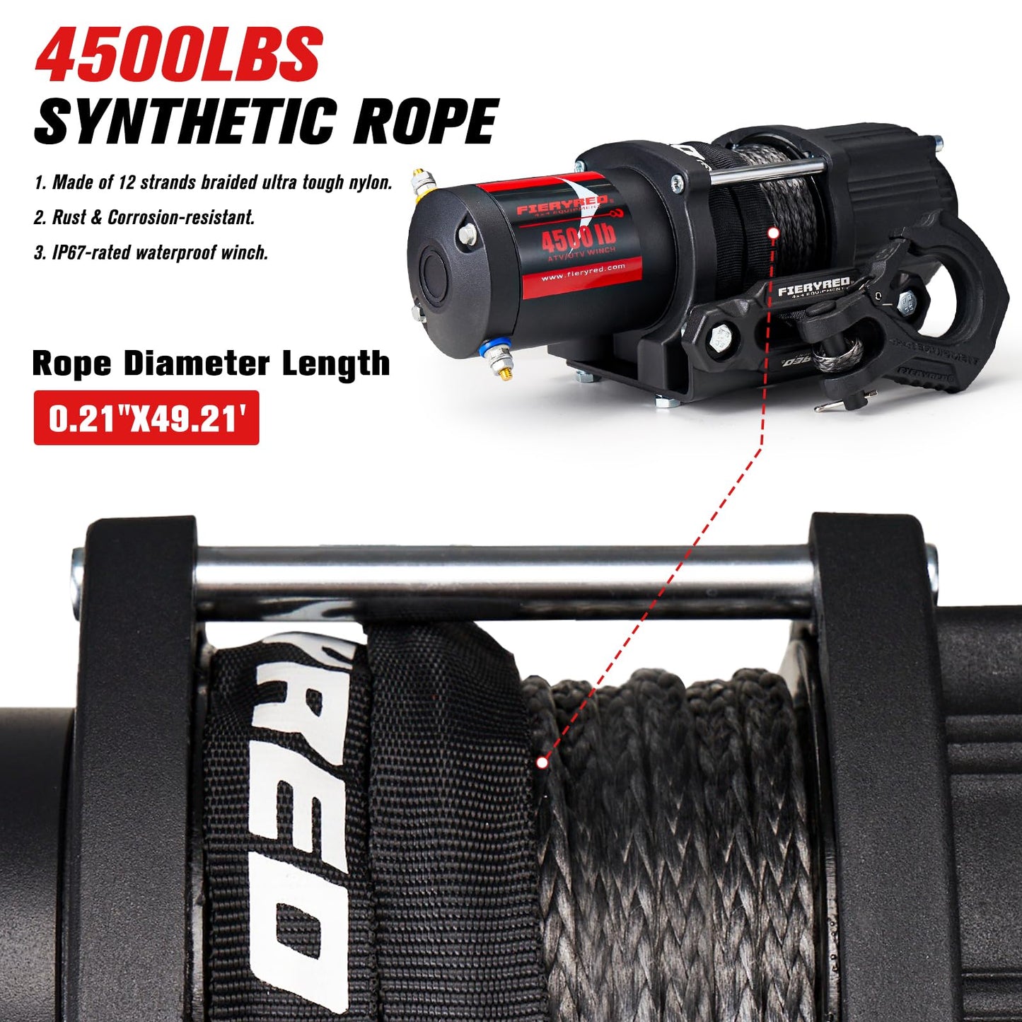 FIERYRED ATV/UTV Winch 12V 4500 lb Electric Winch with Synthetic Rope, with Wireless Remote Control Hawse Aluminium Fairlead & Mounting Bracket, Waterproof IP67