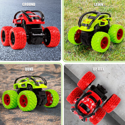 m zimoon Monster Trucks, Pull Back Car Toys 360° Rotation Off-road Friction Powered Vehicle Toy for 3-10 Year Old Boys Girls Kids Birthday Xmas Gift (2 Pack, Green Red)