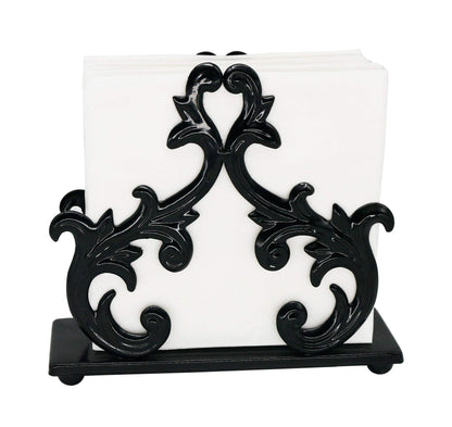 Owlgift Baroque Black Napkin Holder – Decorative Metal Tissue Rack for Tabletop, Mail, or Bill Organizer – 6 x 2 x 5.3 Inches, Glossy Finish for Home or Restaurant Use