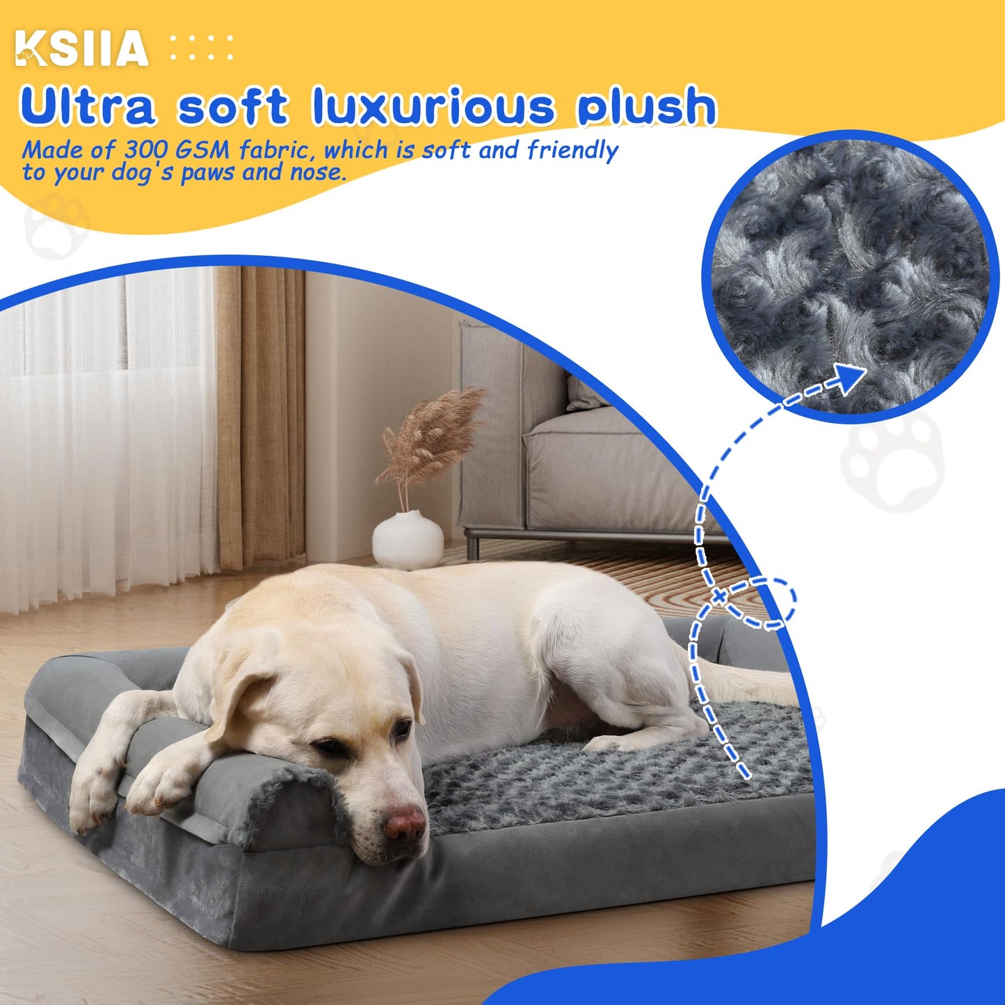 KSIIA Large Dog Bed, Orthopedic Dog Sofa Beds Pet Bed, Dog Couch with Removable Washable Cover, Waterproof Dog Bed, Pet Sofa with U-Shape Bolster, Grey 90x57x16cm