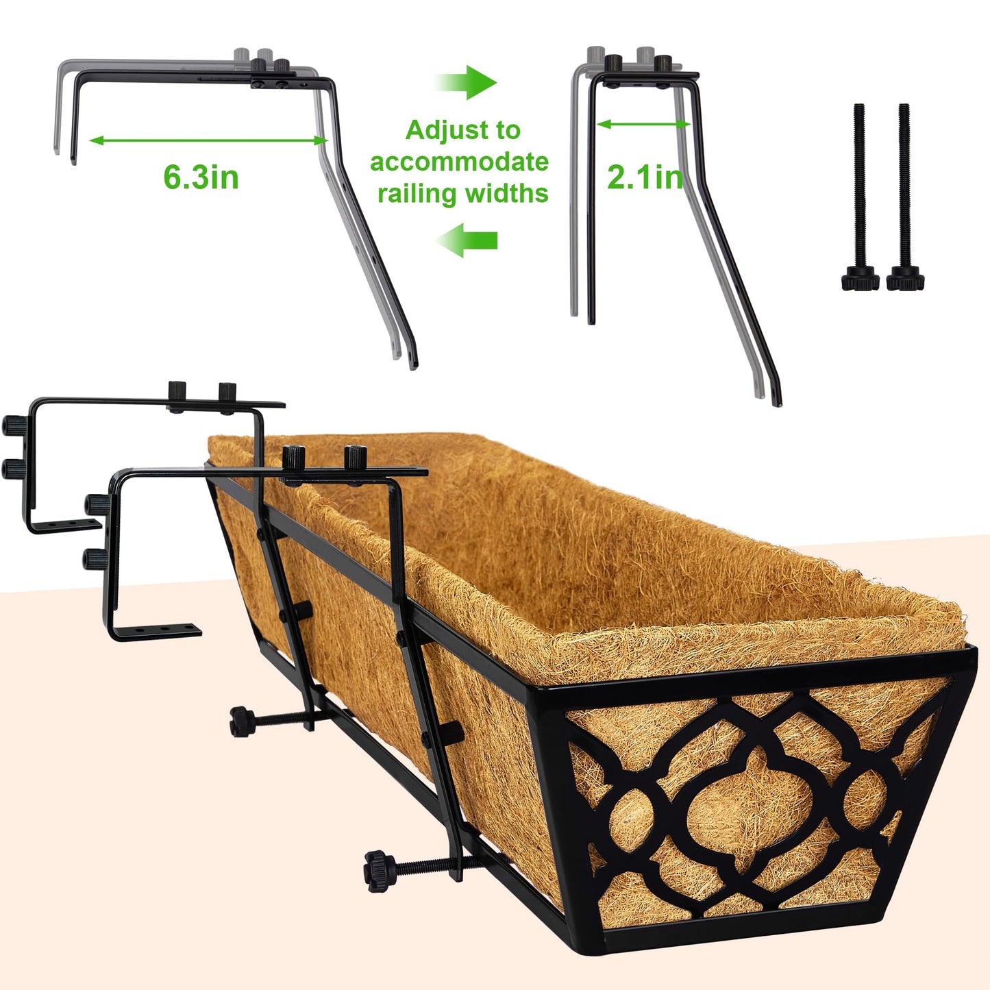 LAWYAMAI 2pcs 24 Inch Window Deck with Coco Liner, 24" Window Boxes Horse Trough with Coconut Coir Liner, Metal Hanging Flower Planter Window Basket Deck Railing Planter Boxes for Outdoor Indoor Lawn