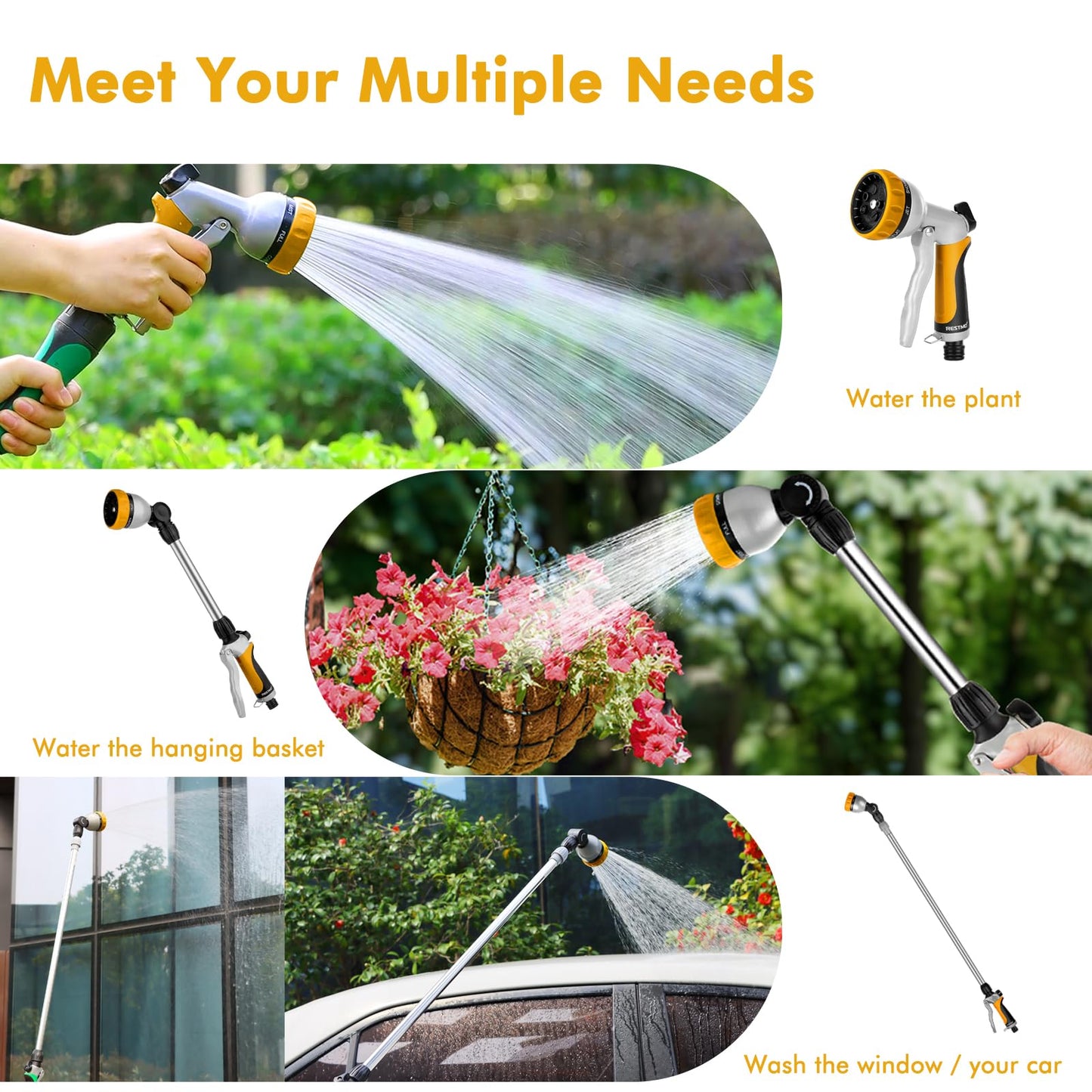 RESTMO Hose Pipe Spray Gun, Heavy Duty Garden Hose Spray Gun, High Pressure Hose Nozzle, Metal Hand Sprayer with 7 Patterns and Water Flow Control, Ideal to Water Plant & Lawn, Wash Car & Pet, Yellow