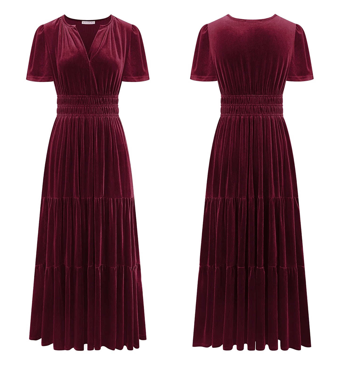R.Vivimos Women's Fall Winter Vintage Velvet Dress Short Sleeve V Neck Elastic Waist Tiered Ruffle A-Line Flowy Elegant Maxi Dress (Large, WineRed)