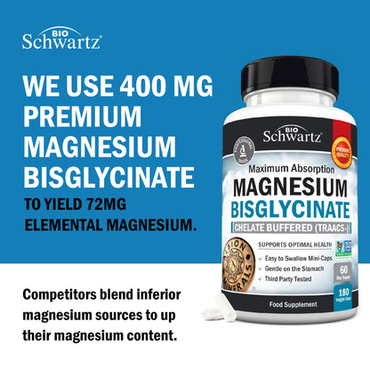 Magnesium Glycinate 400mg - Chelated Bisglycinate for Muscle Recovery & Support - Maximum Absorption & Bioavailability - Magnesium Supplements for Women & Men - Non-GMO - 180ct 2 Month Supply