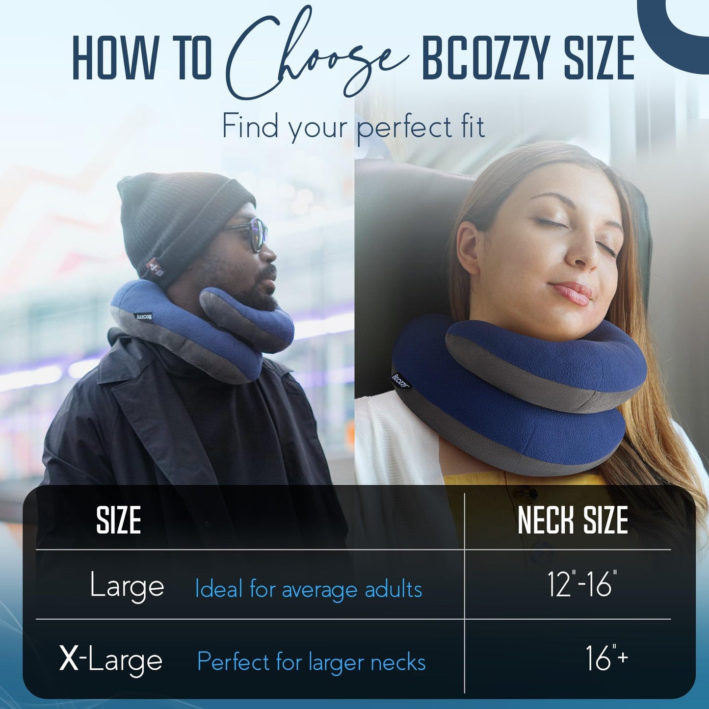BCOZZY Travel Neck Pillow for Airplane – Patented Double Support for Head, Neck, and Chin. Best for Long Flights, Plane Sleeping, and Car Rides. Adjustable Size. Fully Washable. Carry Bag. Large, Gray