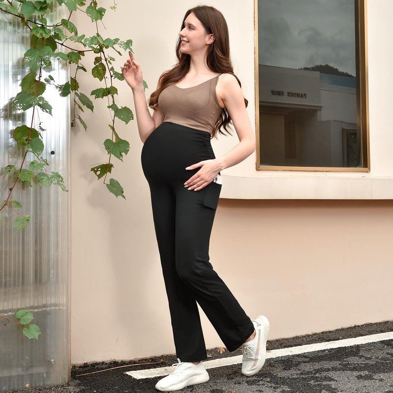 Leafigure Maternity Pants with Pockets Over The Belly Lounge Wide Leg Yoga Pants for Women Pregnancy Black L
