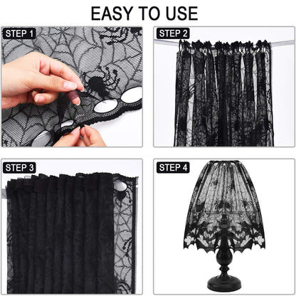 2 Pieces Halloween Lamp Shade Cover Black Lace Spider Web Lampshades Cover Topper Decoration with 60 Pieces 3D Bat Stickers for Halloween Party Indoor Decor