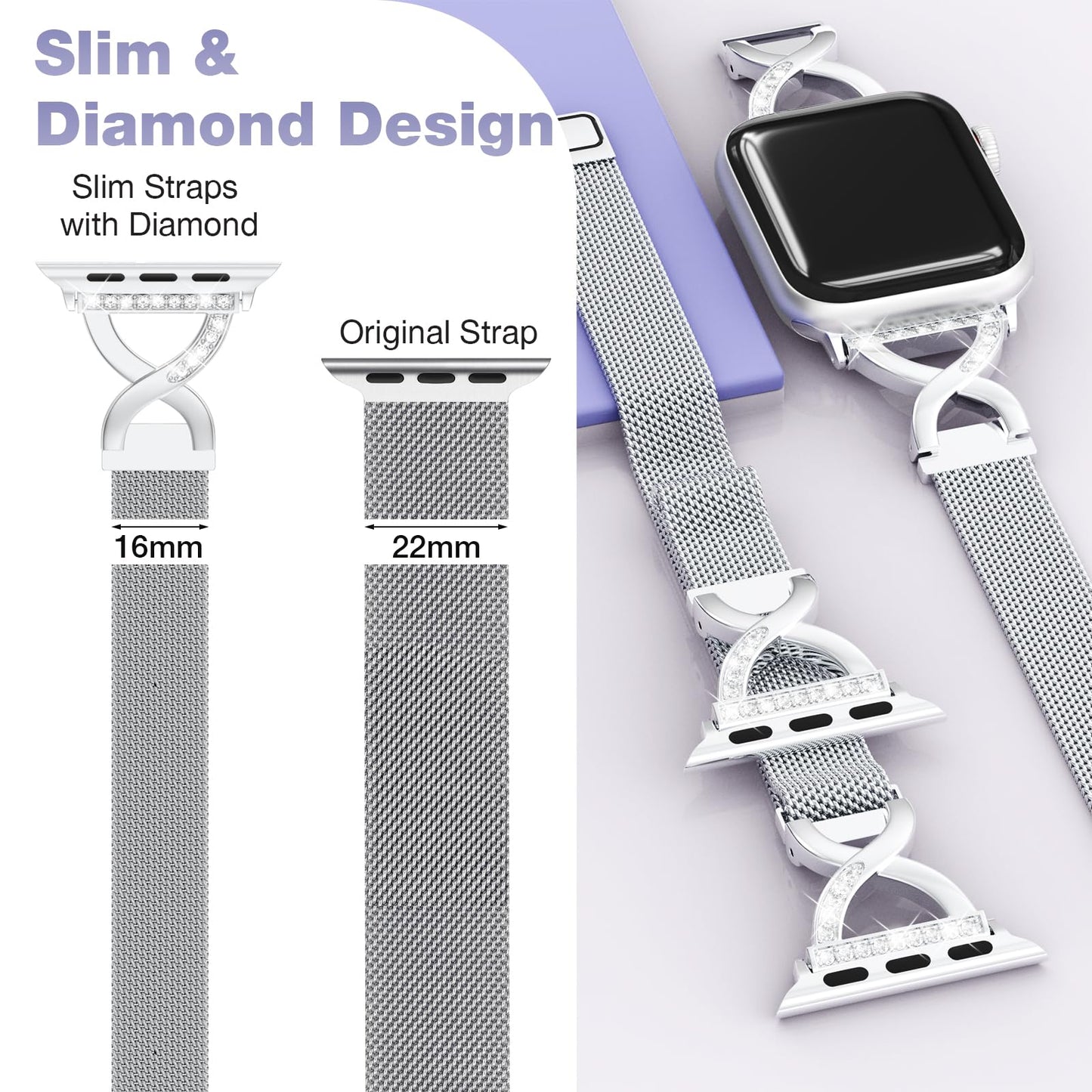 Slim Milanese Loop Compatible with Apple Watch Straps 38mm 40mm 41mm 42mm 44mm 45mm 46mm Series 11 10 9 8 7 6 5 4 SE 3 2 1 Womens,Thin Magnetic Metal band with X-Shape Diamond Clasp for iWatch Straps