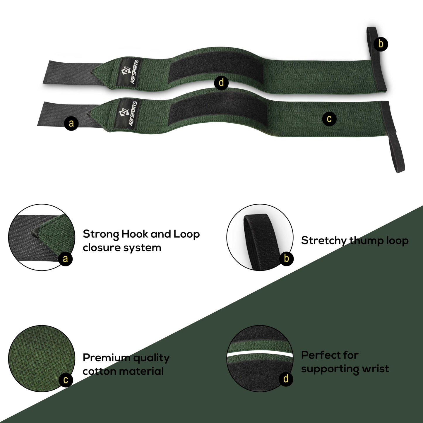 AQF Power Weight Lifting Wrist Wraps Supports with Thumb Loop for Gym Strength Training, Powerlifting, Bodybuilding and Deadlifts (Military Green, 18")