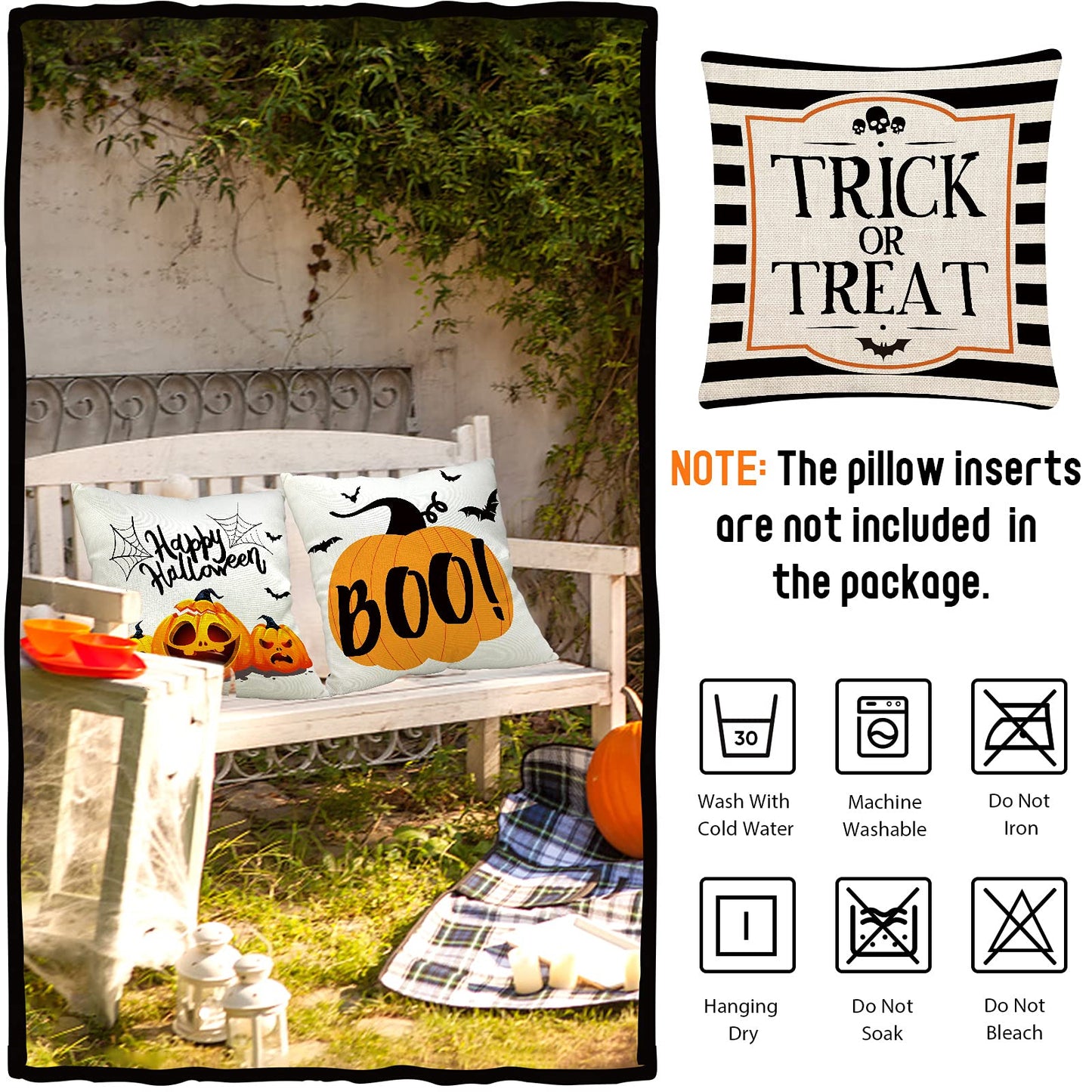 CH HAICHENG Halloween Pillow Covers 18x18 Set of 4 Trick or Treat Pillow Covers Happy Halloween Linen Sofa Bed Throw Cushion Cover Decoration