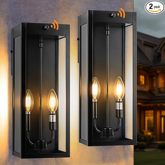 16” Dusk to Dawn Outdoor Lighting, 2 Pack Black Modern Porch Outside Lights for House 2-Light, Photocell Sensor Exterior Patio Coach Wall Lanterns Outside Garden Sconce Lamps Waterproof E12