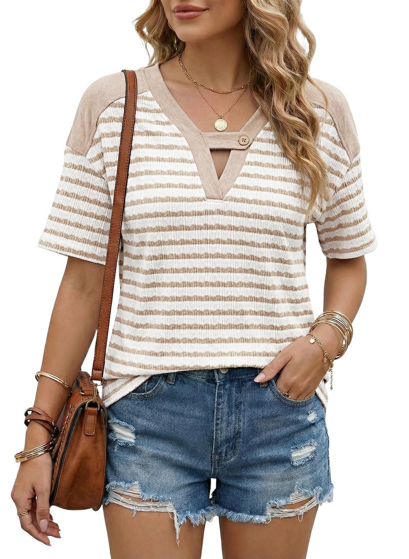 Dokotoo Tops for Women Trendy Summer Casual Short Sleeve Tshirt Shirts 2026 Fashion Womens Top Loose Fit Striped Color Block Blouses Spring T-Shirts Apricot XX-Large