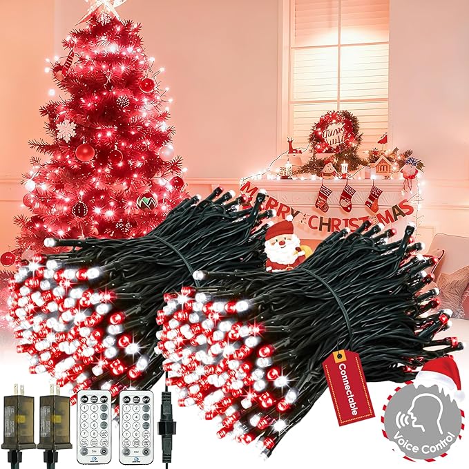 Voice Control Connectable 2PK 164FT 400LED Christmas String Lights Indoor Outdoor with Remote | Smart Twinkle Fairy String Lights 12 Modes & Timer for Xmas Tree Decor (Red & White)