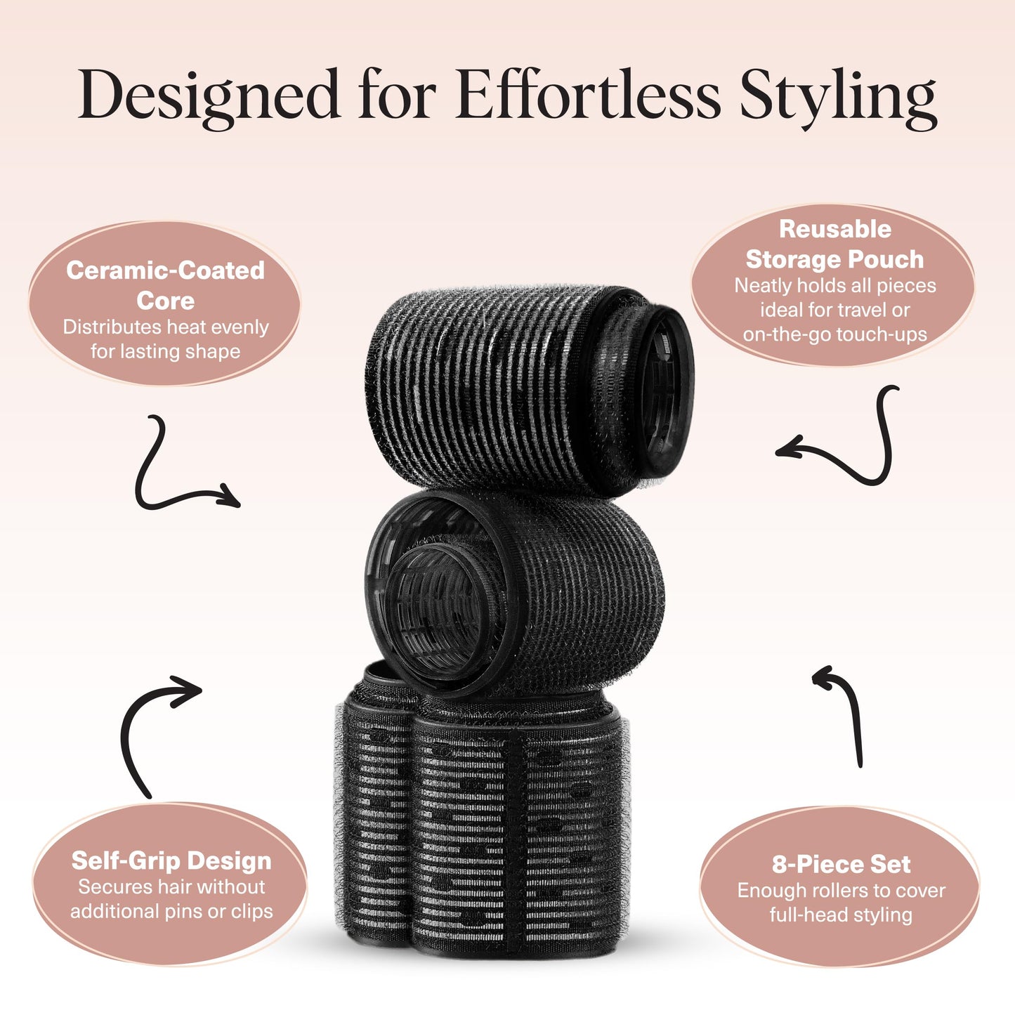 Kitsch Ceramic Thermal Hair Rollers for Women – Self Grip Hair Curlers for Heatless Curls Overnight - Volumizing Large Rollers for Short & Long Hair - For Long Lasting Frizz-Free Curls - Black, 8pcs