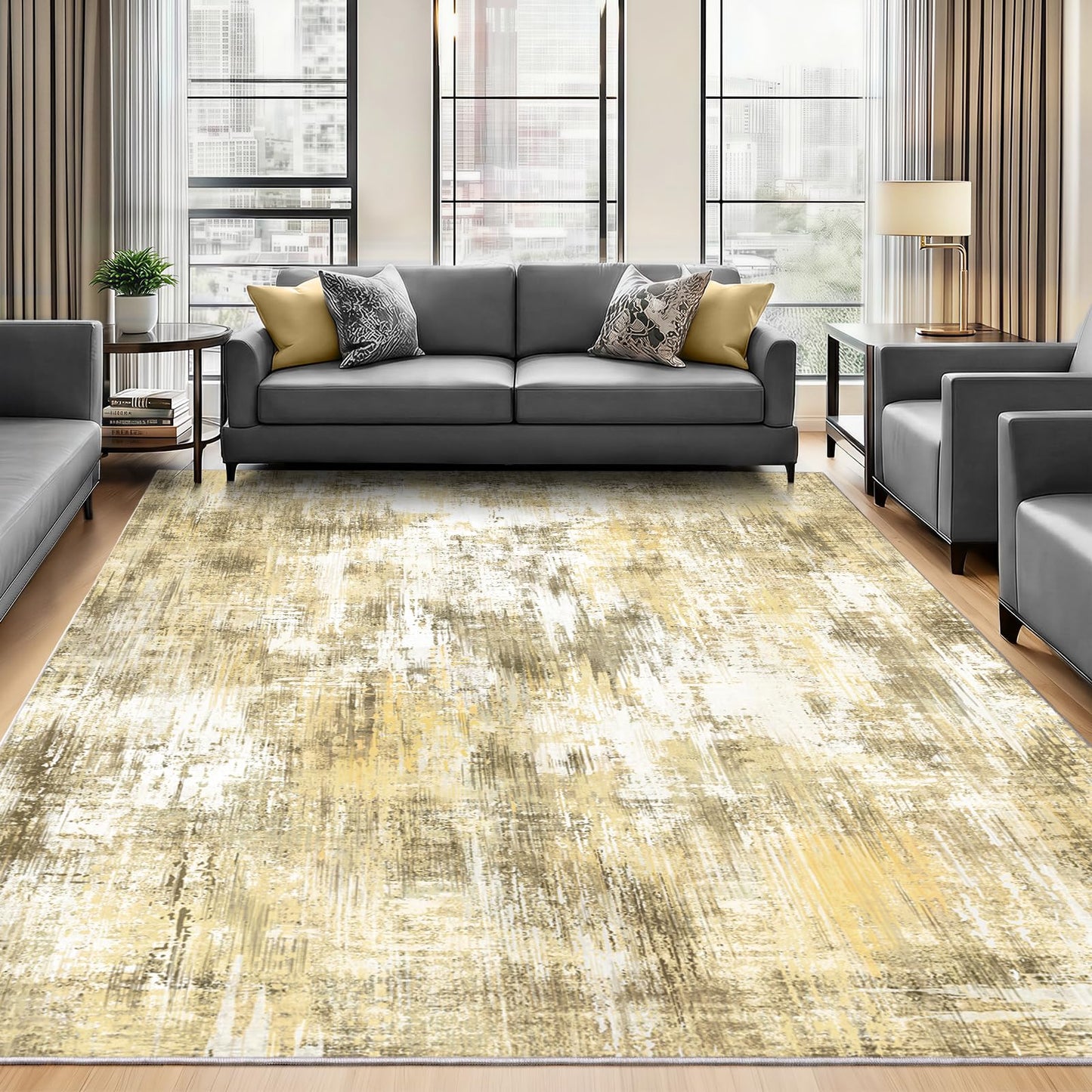6x9Ft Living Room Rugs Non-Slip Modern Abstract Rug Washable Rugs Carpet for Bedroom Pile Rug for Living Room，Bedroom, Dining Room, Kids Playroom, Home Office Yellow