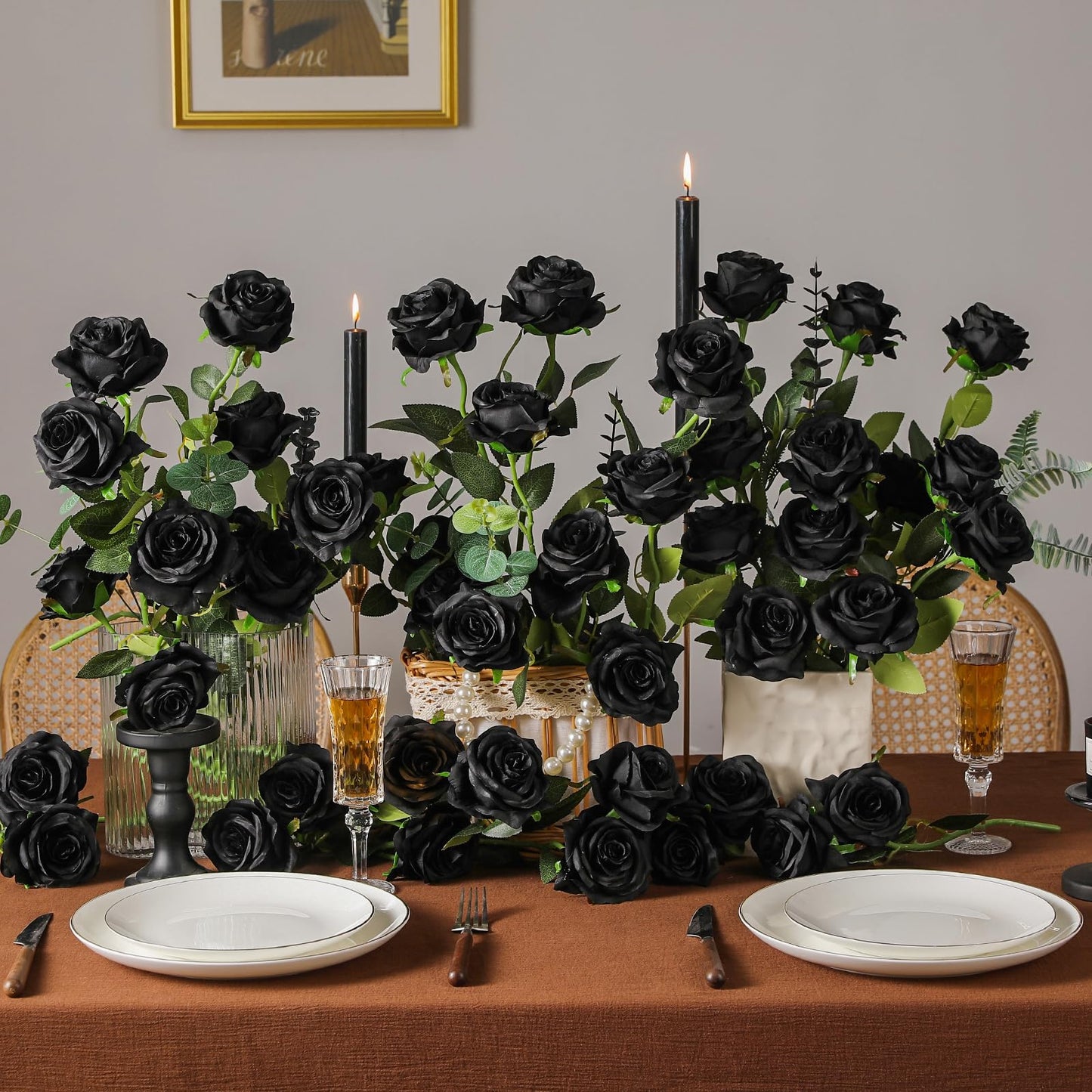 Veryhome Halloween Artificial Flowers Silk Black Roses Real Touch Bridal Wedding Bouquet for Home Garden Party Floral Decor 10 Pcs (Black)