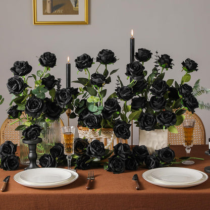Veryhome Halloween Artificial Flowers Silk Black Roses Real Touch Bridal Wedding Bouquet for Home Garden Party Floral Decor 10 Pcs (Black)