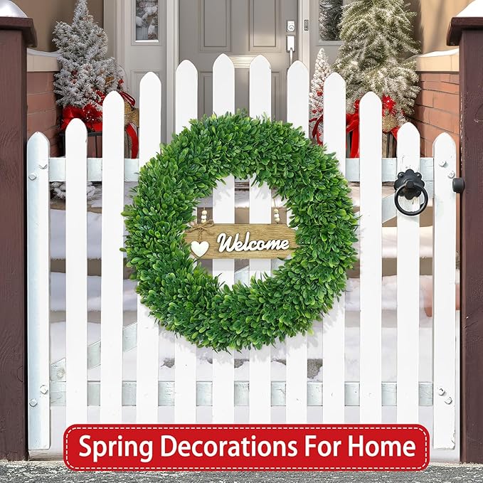 22 Inch Christmas Wreath Boxwood Wreath Realistic with Welcome Sign Faux Green Preserved Boxwood Wreaths Outdoor Spring Fall Winter Wreaths for Front Door Outside for Porch Farmhouse Wall Home Decor
