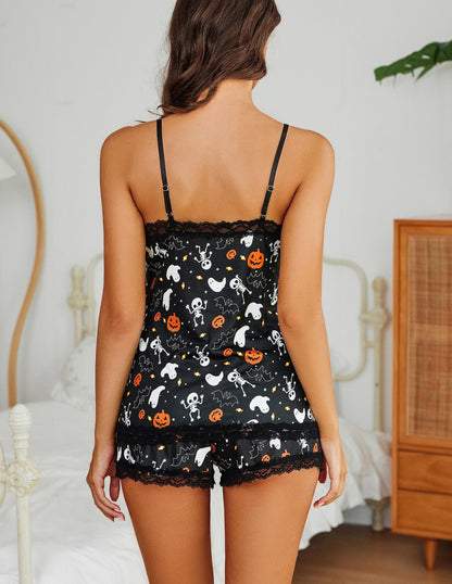 Avidlove Halloween Pajama Sets for Women Soft Printed Sleepwear Lace Trim Short PJ Set Halloween Black S