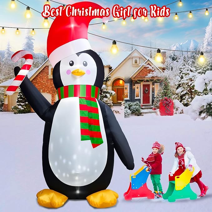 [Flash Light] 12FT Giant Christmas Inflatable Penguin Wear Santa Hat & Scarf Hold Candy Cane Decoration, Christmas Blow Up Penguin inflatable Built-in 4 White LED and 1 Flash Light Xmas Decor