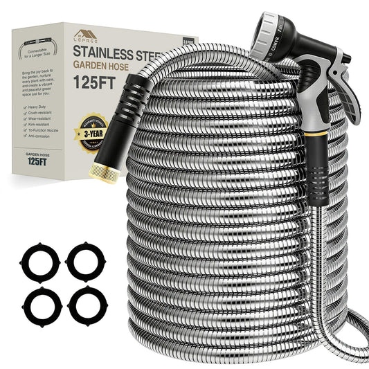 Lefree 125ft Stainless Steel Garden Hose - No-Kink Leak-Proof Crush Resistant, Dog Chew Proof with Upgraded Protective Rubber Sleeve, 10-Function Nozzle for Large Yard, Gardening, RV, Pet Bath