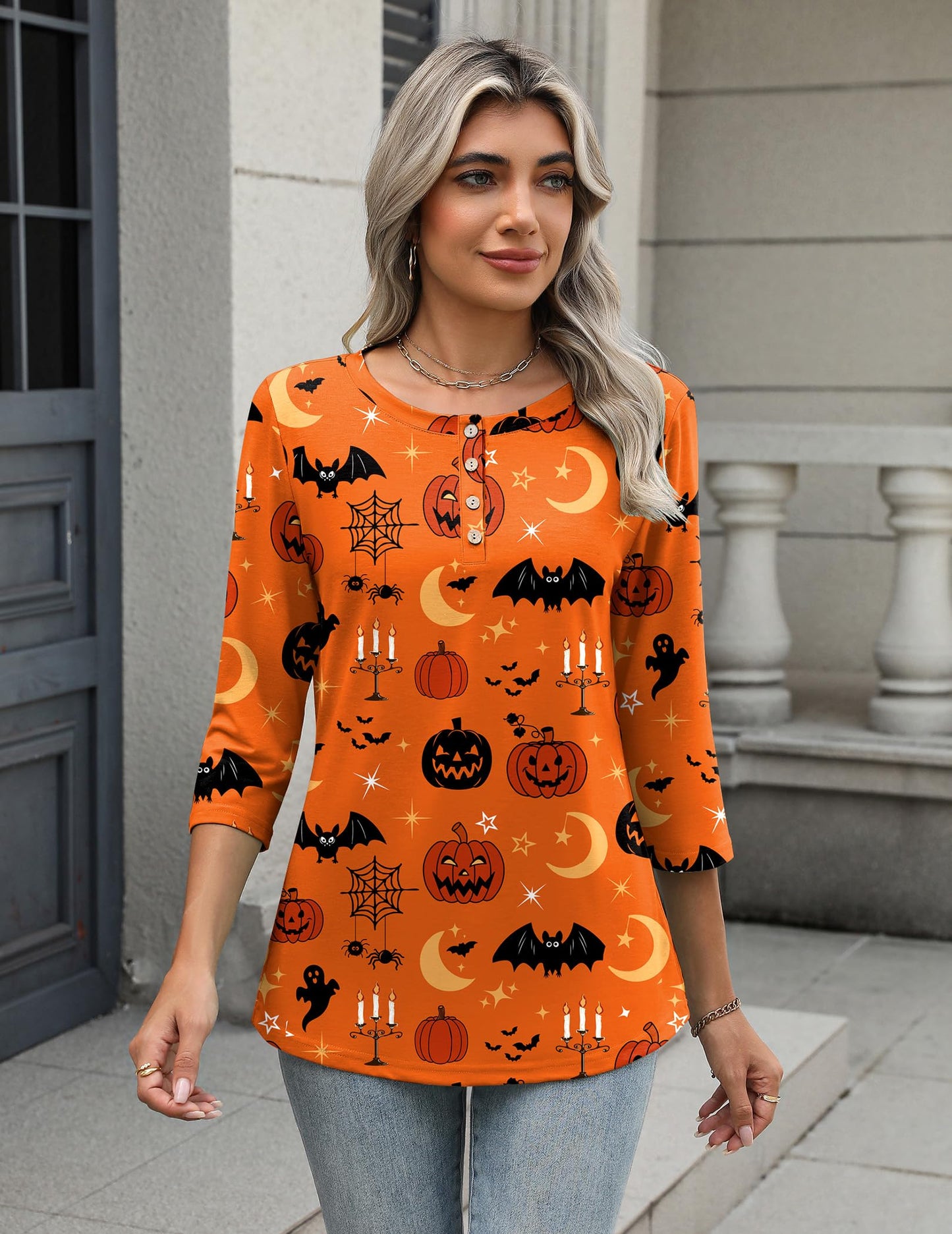 Zeagoo Halloween Shirts Round Neck T Shirts for Women 3/4 Sleeve Blouses Dressy Casual Fall Clothes 2025 Tunic Tops