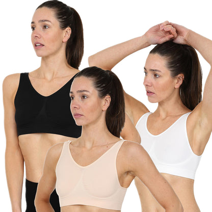 Blu Apparel Multipack Seamless Comfort Bras Sleep Bras Sizes 8-24 Not Padded Wireless (UK, Alpha, L, Regular, Regular, Black/White/Nude 3 Pack)