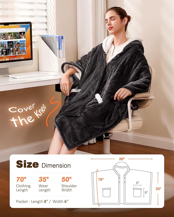 Wearable Heated Blanket - Cozy Gift for Women, Mom, Men| Reversible Flannel & Sherpa Electric Wrap with Pockets & Hood, 6 Heat Levels, 1-4H Timer, ETL Safe, Machine Wash, 50"x70" Grey