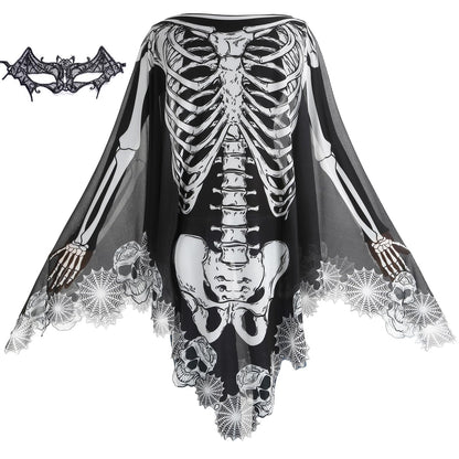 GRAJTCIN Halloween Skeleton Costume for Women Lace Poncho Day of The Dead Costume Plus Size Skull Spider Cape- 3D Skeleton(Black)