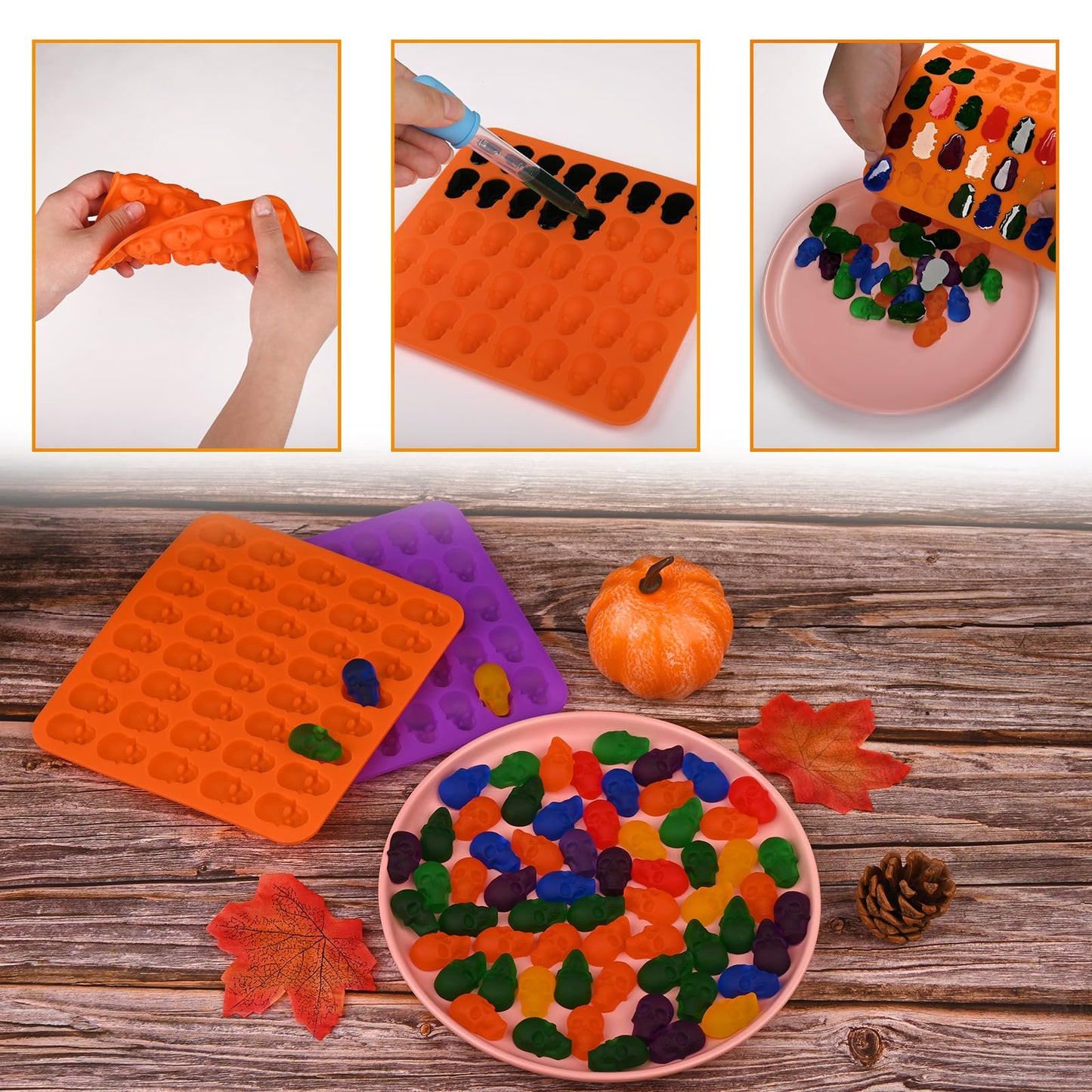 HUAKENER Gummy Skull Molds - 2 Pack Skull Candy Molds with 2 Droppers, Silicone Molds for Chocolate, Candy, Jelly, Dog Treats, Ice Cube, Resin Casting