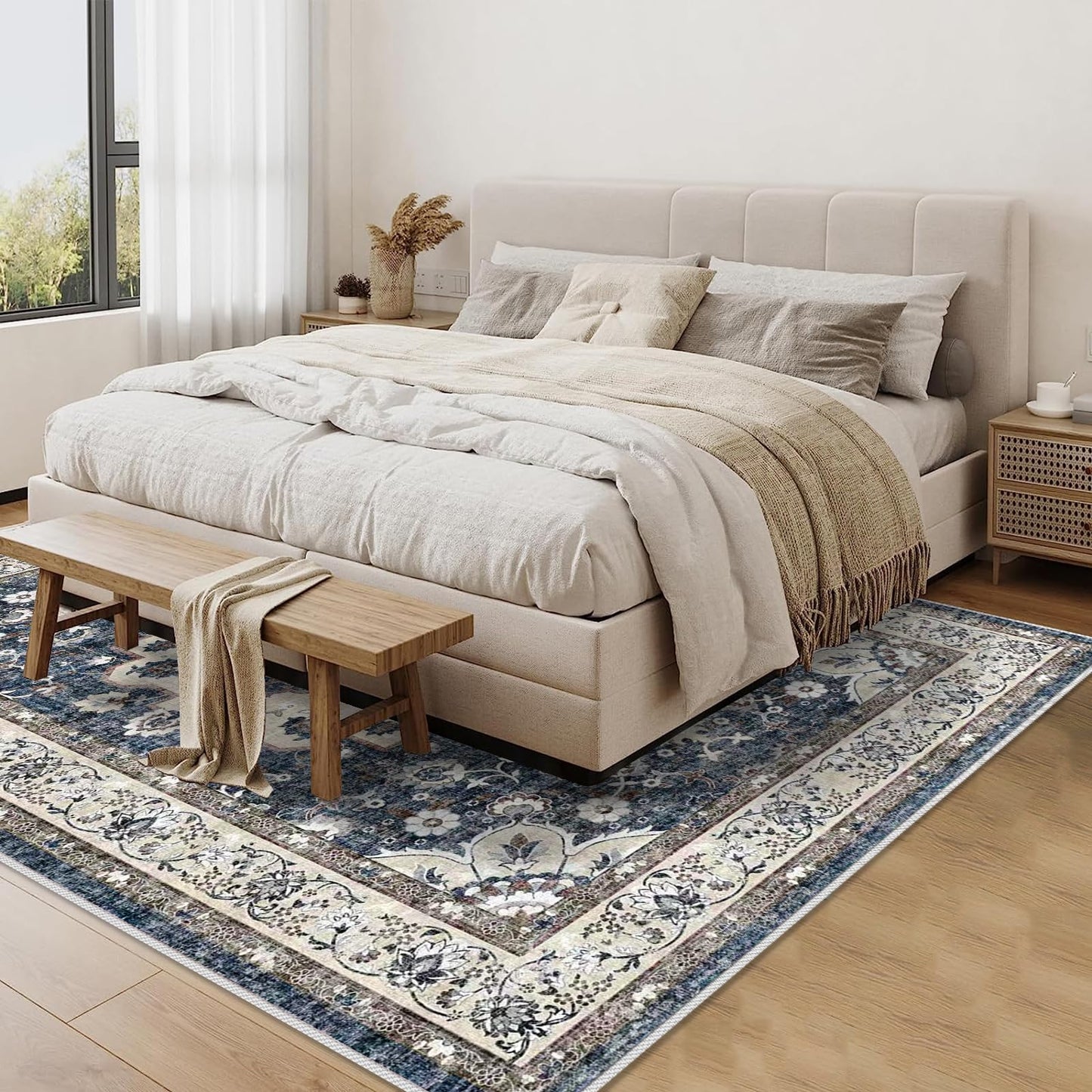 Washable 5x7 Living Room Rug: Waterproof Stain Resistant Medallion Soft Bedroom Rugs Distressed Design Non Shedding Carpet for Floor Coverings (5x7 Blue)