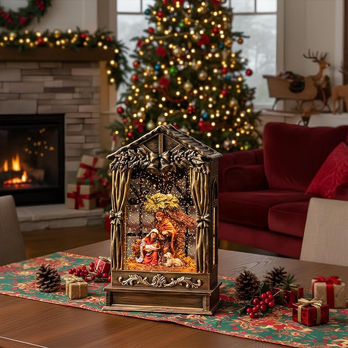 Christmas Snow Globe Swirling Glittering Holy Family Manger Scene, USB Lined/Battery Operated Lighted Water Lantern for Christmas Festival Decoration Gifts