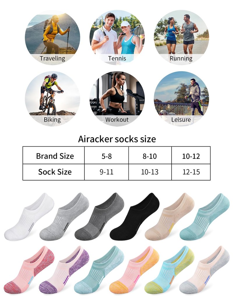 Airacker No Show Socks Womens Athletic Cushioned Low Cut Sports Running Ankle Socks for Women 6 Pairs