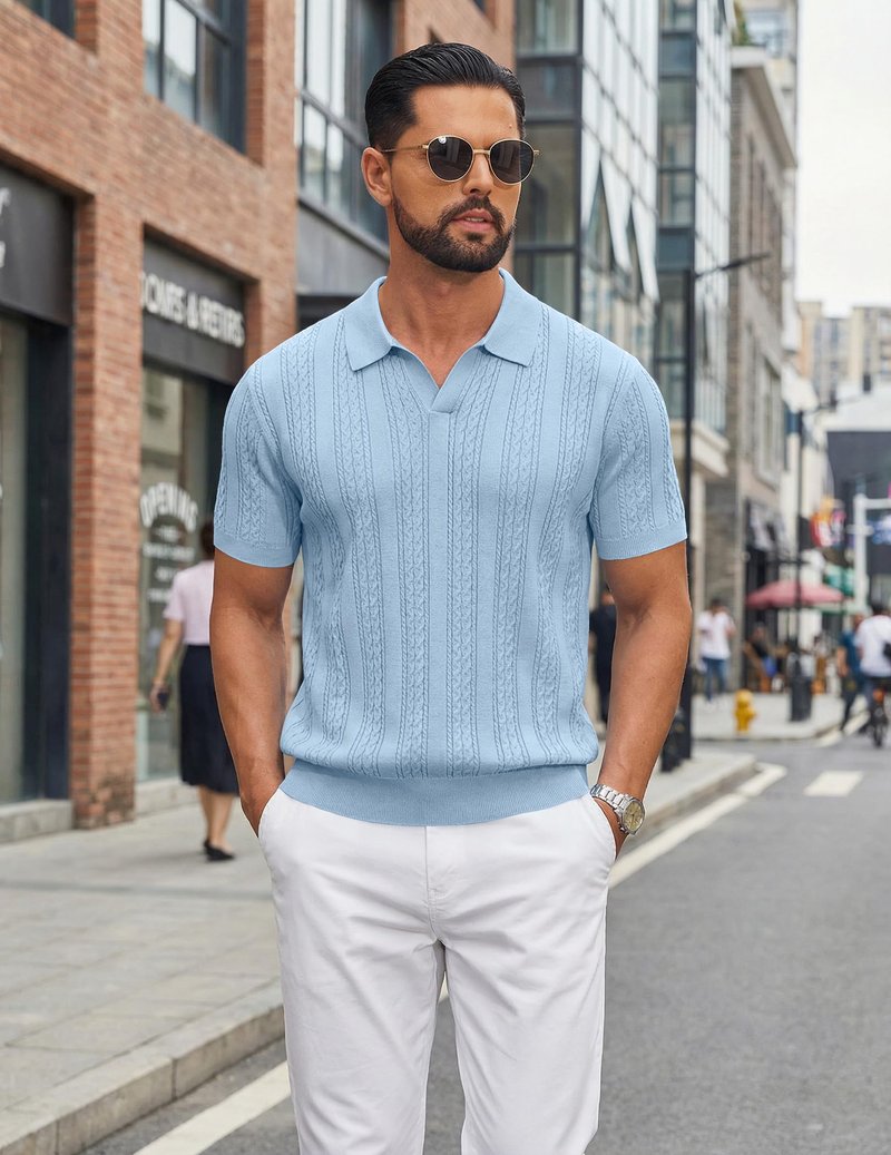 COOFANDY Knit Shirts for Men Polo Shirts Short Sleeve Casual Textured Collared Polo Shirt Golf Old Money Polos Light Blue