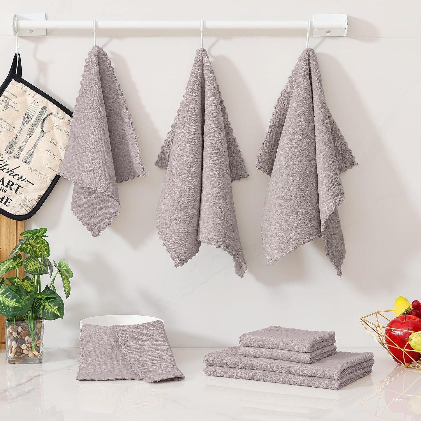 Homaxy 12 Pack Kitchen Dish Cloths (10 x 10 Inches, Grey), Super Soft and Absorbent Coral Velvet Dish Towels, Nonstick Oil Fast Drying Microfiber Cleaning Cloth, No Lint Household Dishcloths