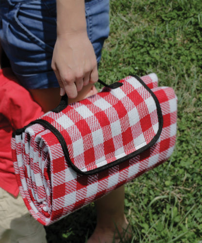 Camco Classic Red & White Checkered Picnic Blanket with Waterproof Backing - Includes Convenient Carry Strap | Comfortable and Durable Material | Measures 51" x 59" - (42803)